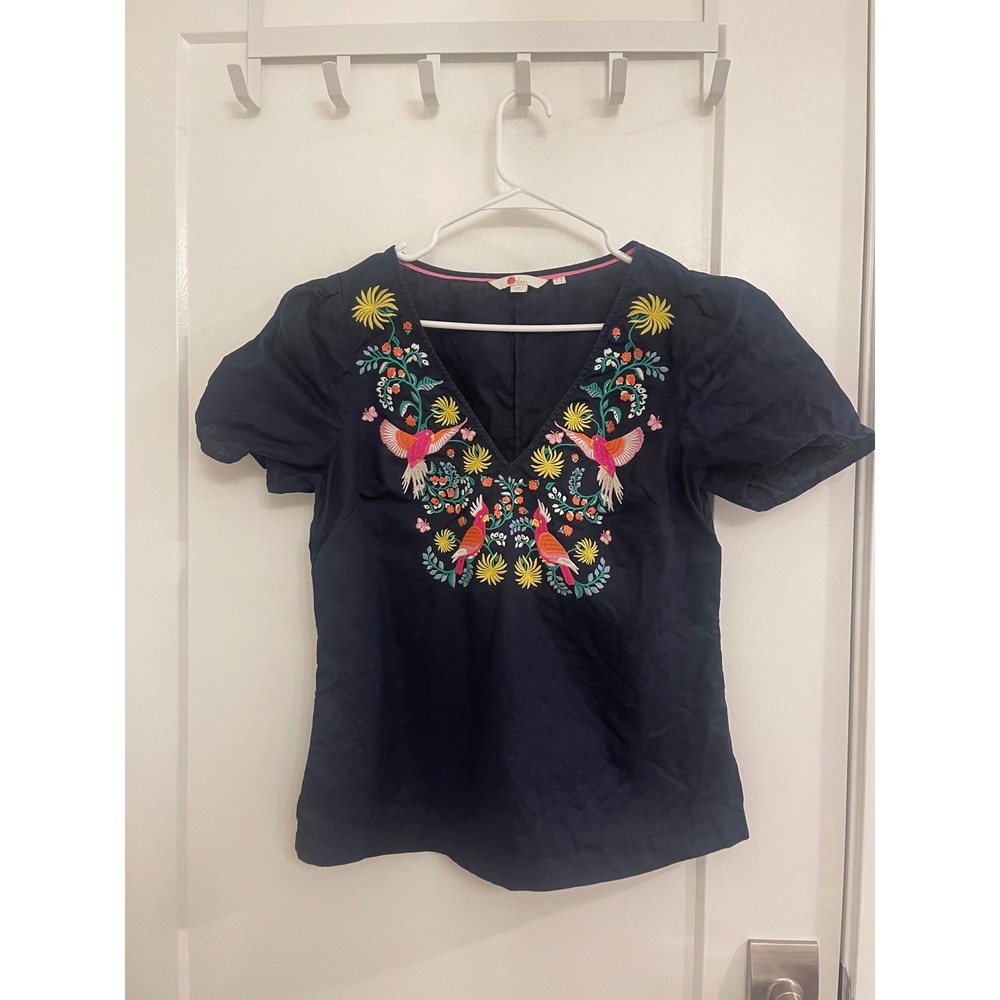 Boden Linen Embroidered Short Sleeve Blouse Breathable Boho Luxury